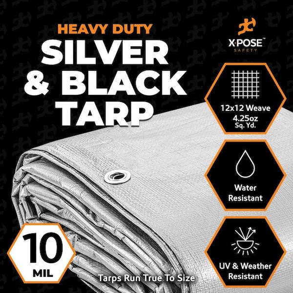 30 Ft X 40 Ft Heavy Duty 10 Mil Tarp, Silver/Black, Polyethylene